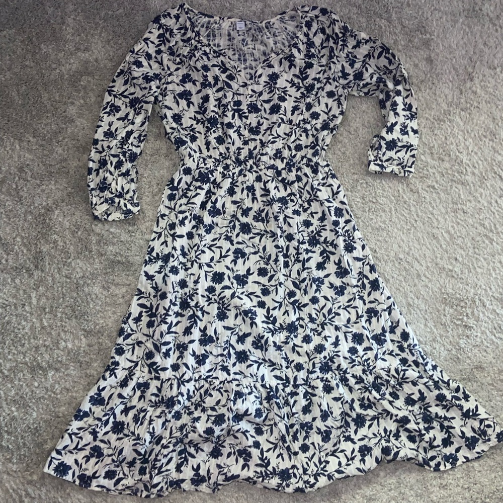 White dress with blue floral